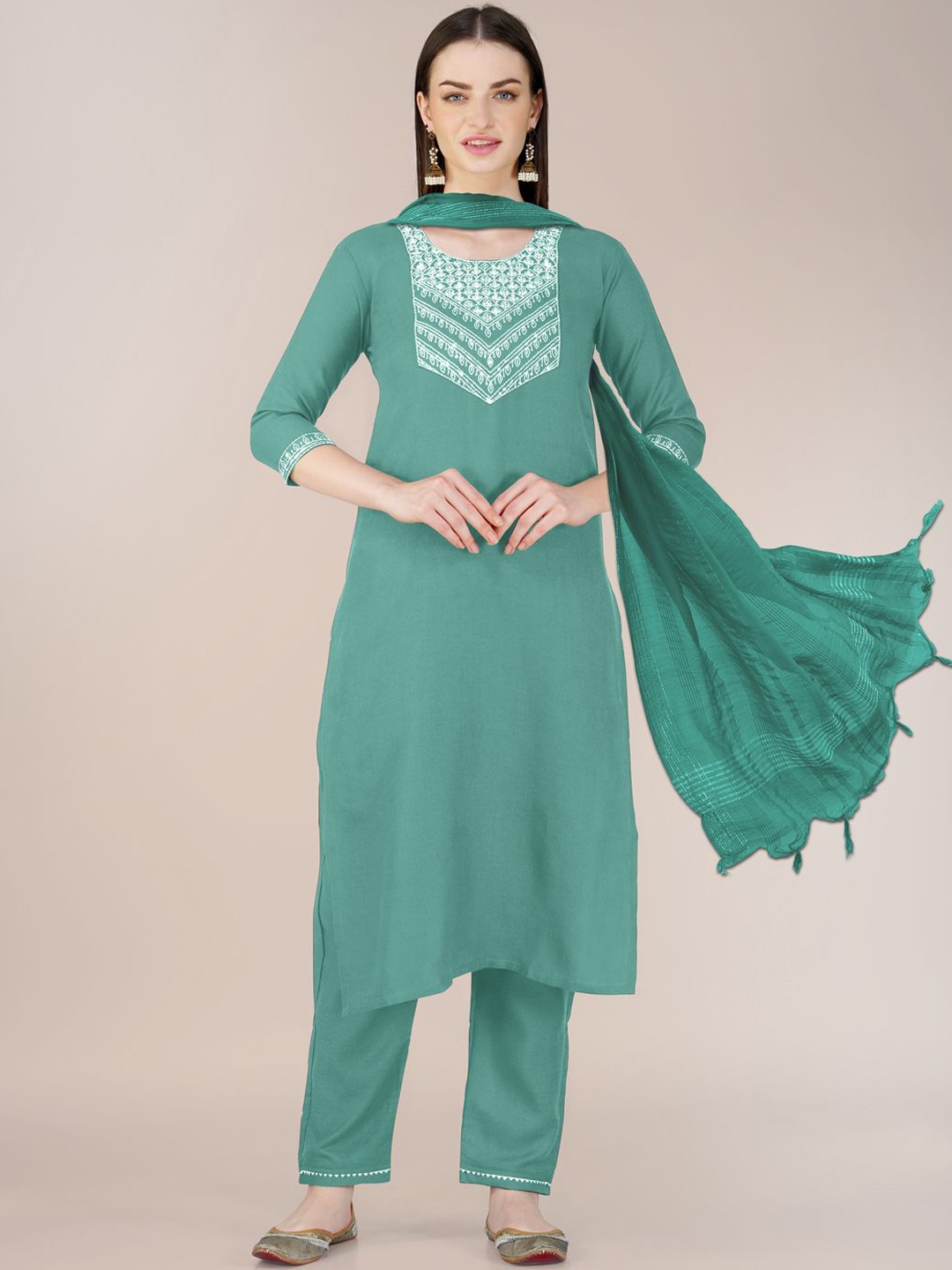 

Rujave Women Embroidered Regular Sequinned Kurta with Trousers & With Dupatta, Teal