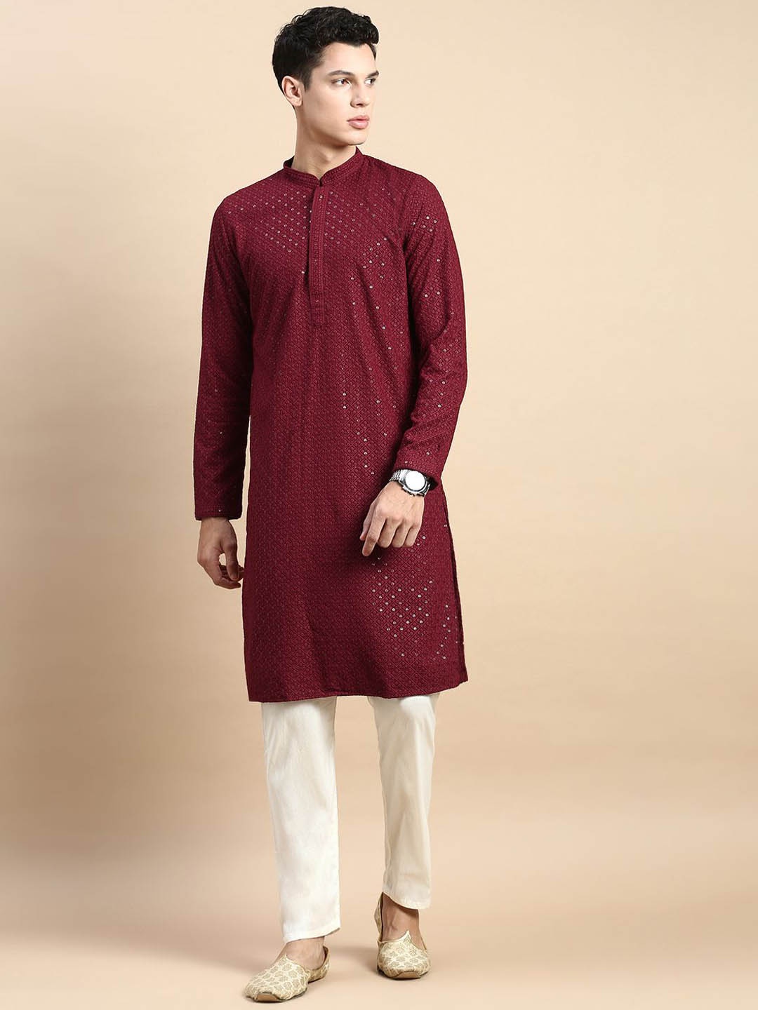 

Rishika Men Ethnic Motifs Embroidered Regular Sequinned Pure Cotton Kurta with Pyjamas, Maroon