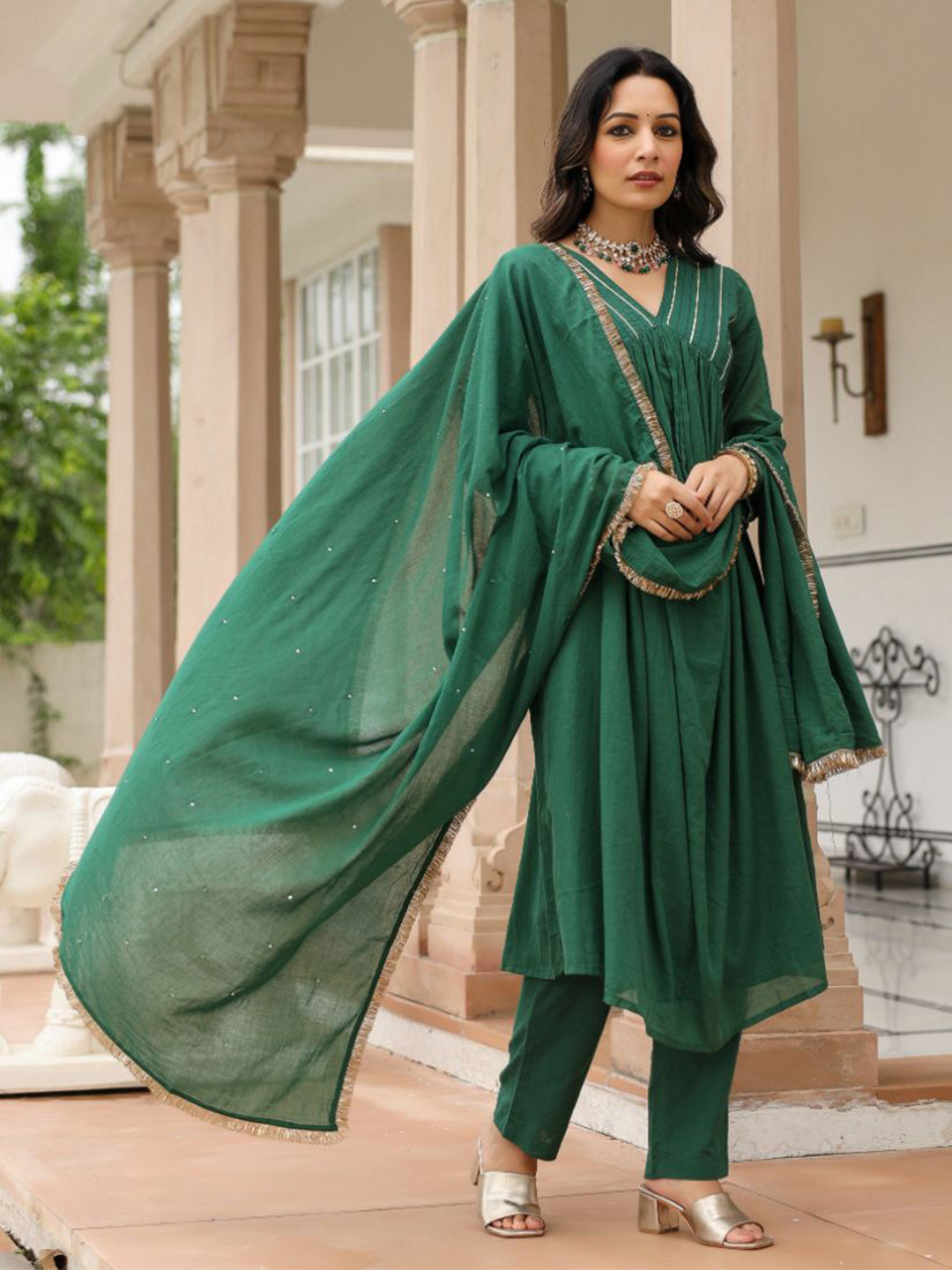 

PHEETA Women Yoke Design Empire Gotta Patti Kurta with Trousers & With Dupatta, Green