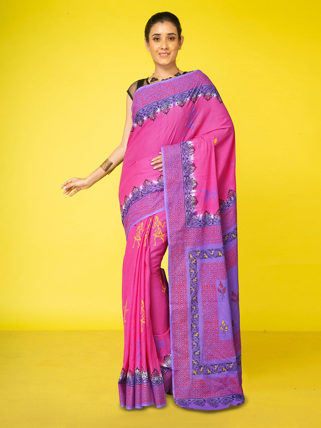 

Unnati Silks Ethnic Motifs Pure Cotton Handloom Block Print Saree, Pink