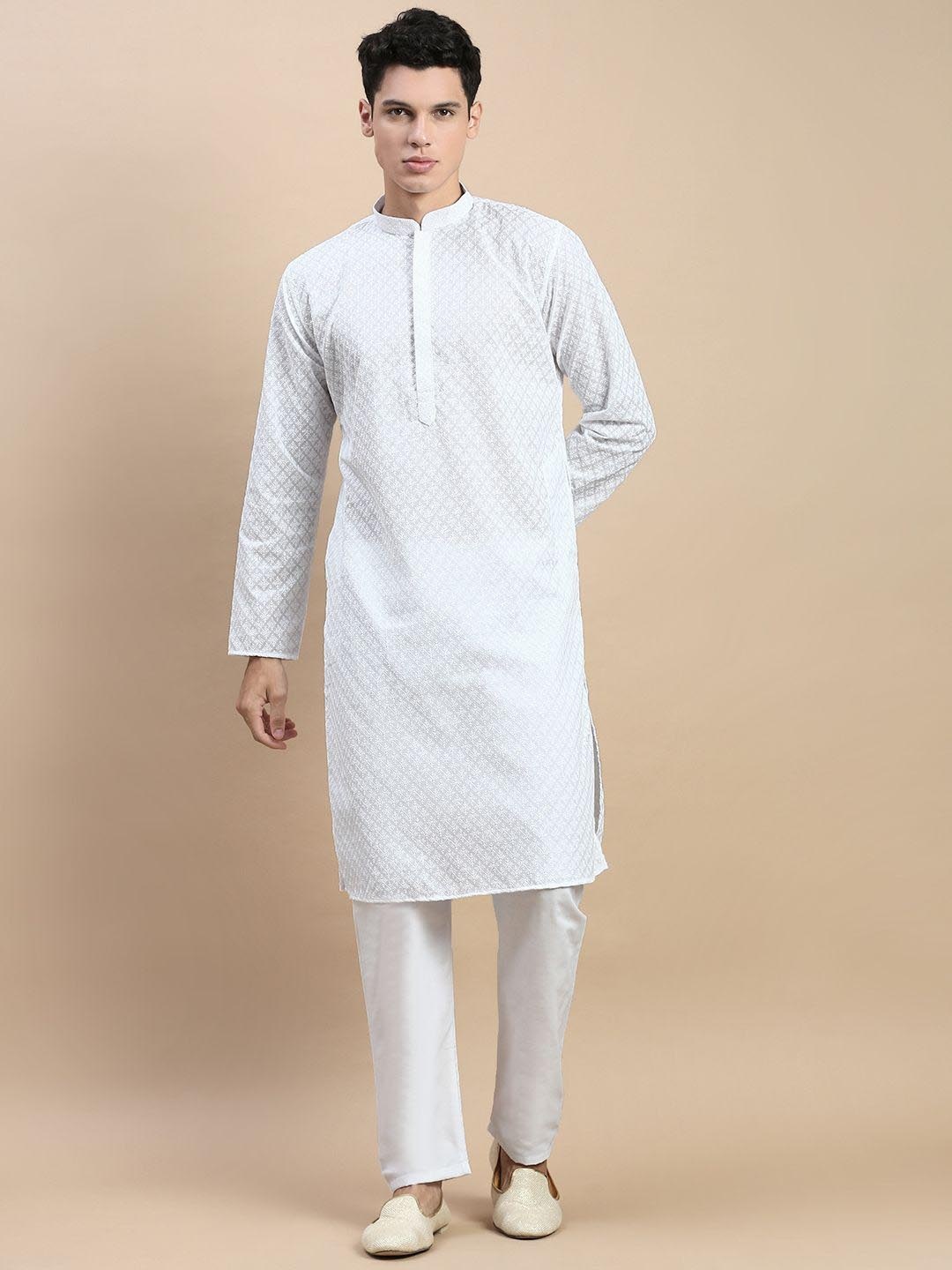 

Rishika Men Ethnic Motifs Embroidered Regular Thread Work Pure Cotton Kurta with Pyjamas, White