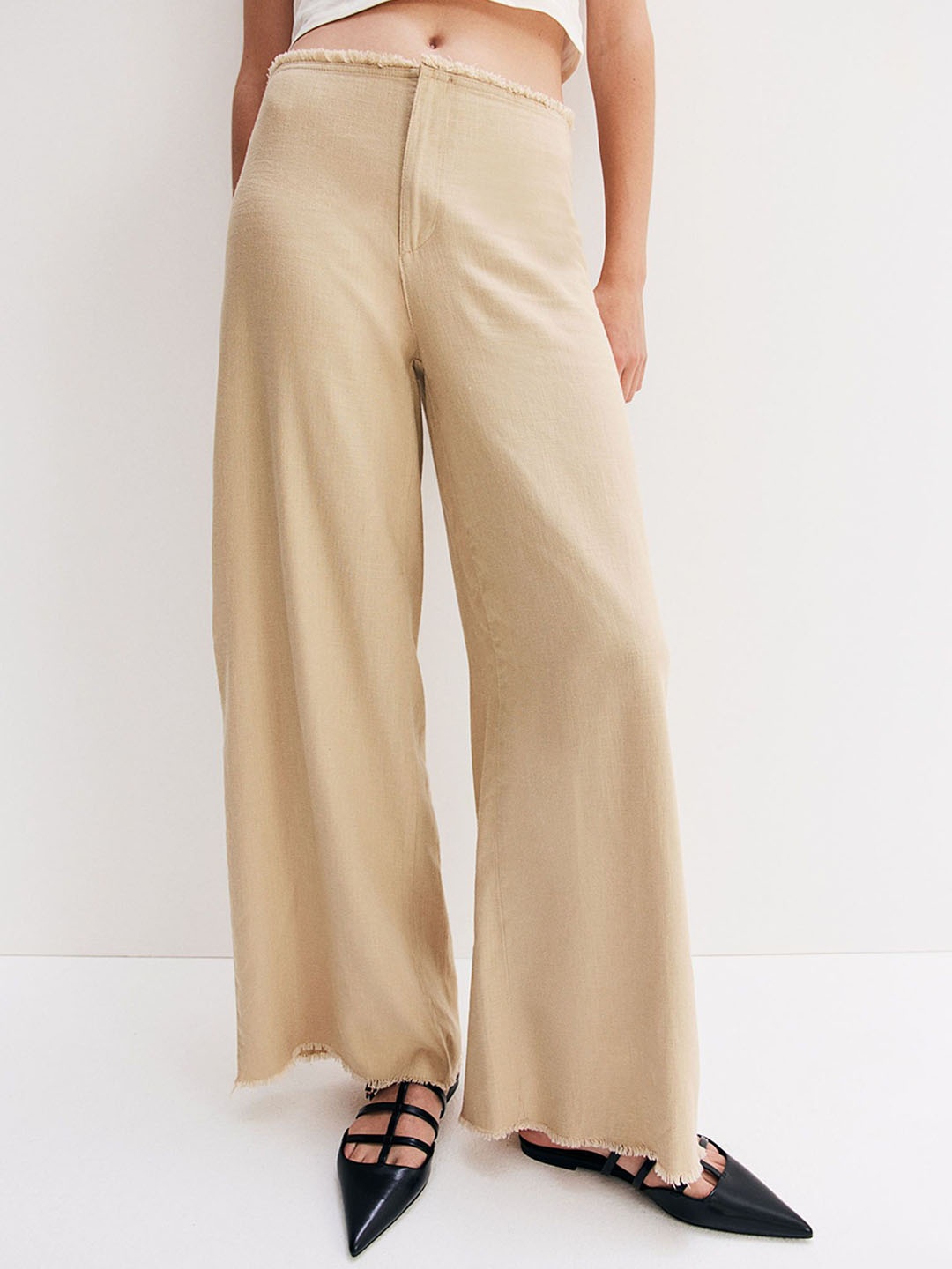 

H&M Frayed-Edge Trousers, Beige