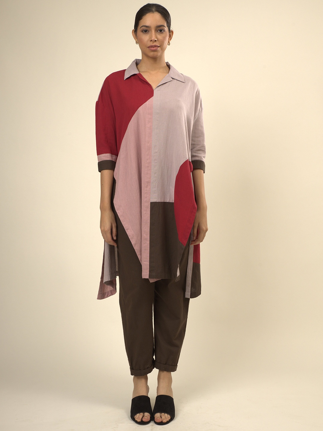 

Doodlage Shirt Collar Colourblocked Tunic, Maroon