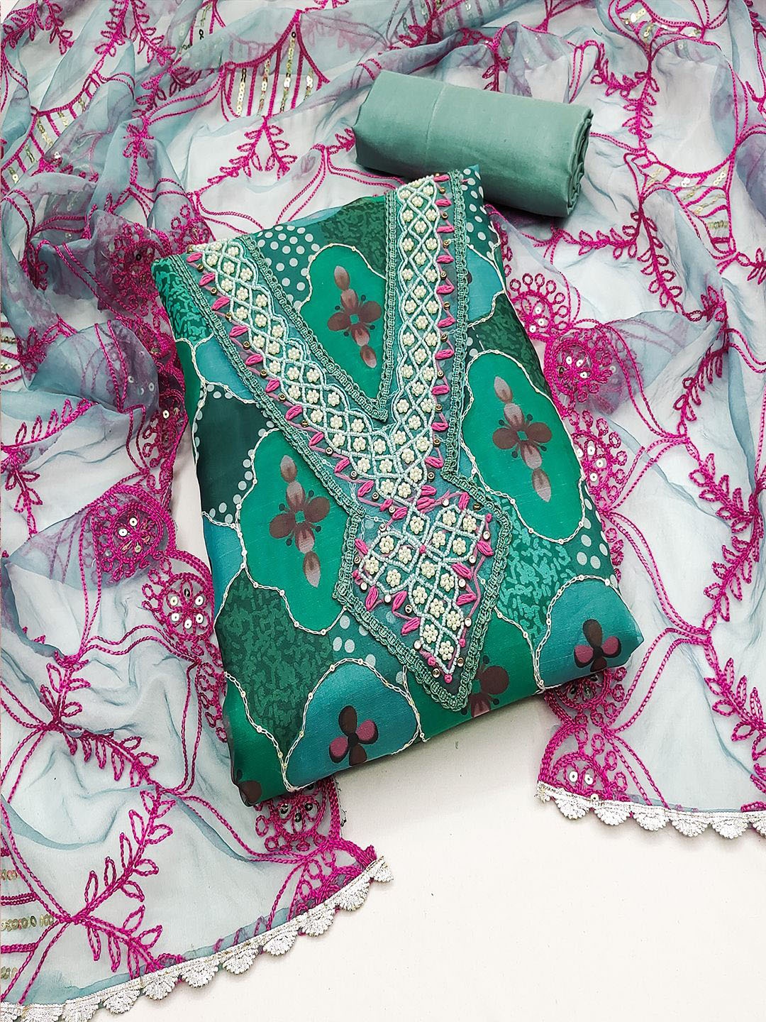 

Lilots Organza Unstitched Dress Material, Teal