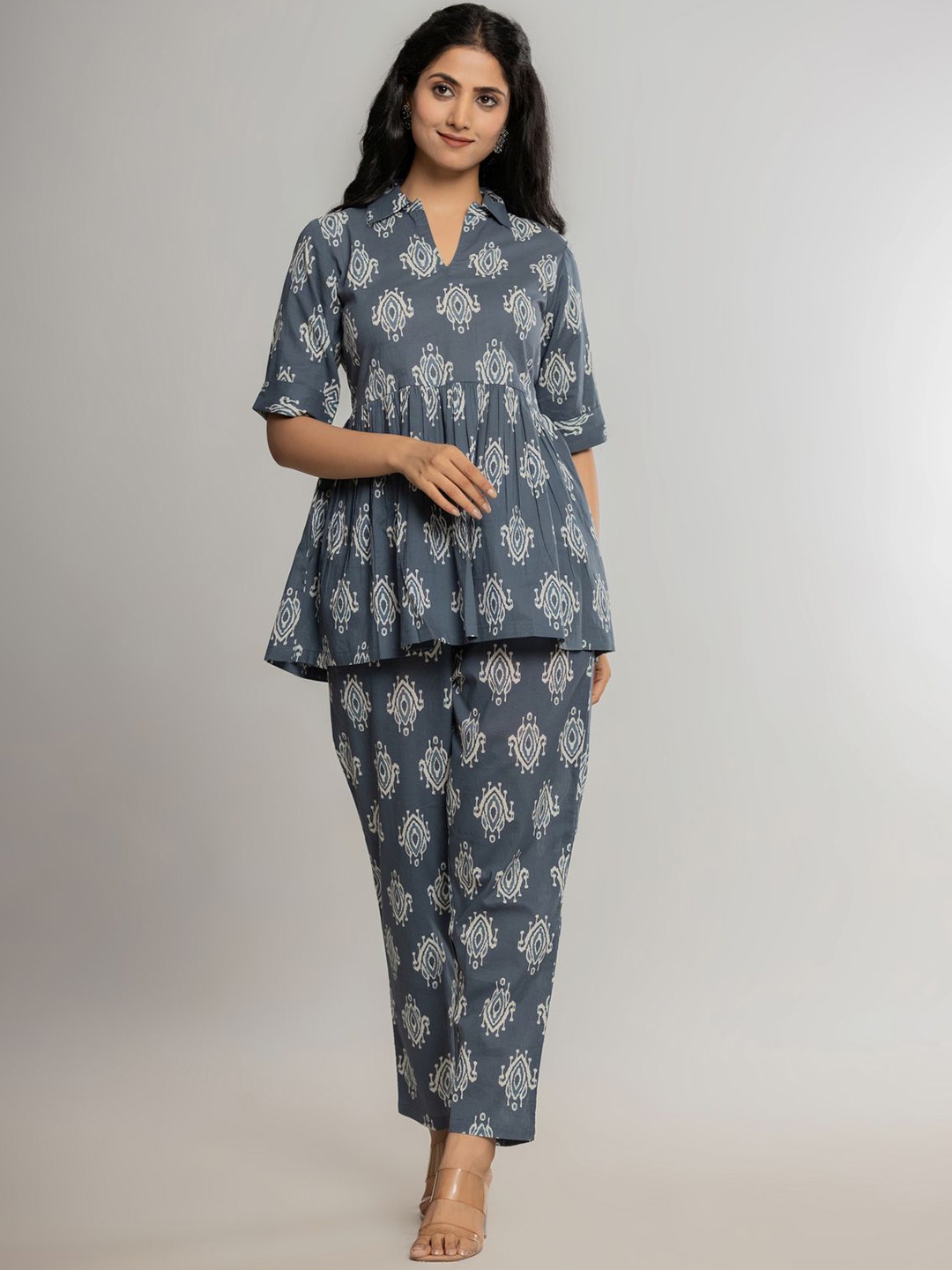 

Krati Creations Printed Pure Cotton Top With Trouser Co-Ords, Grey