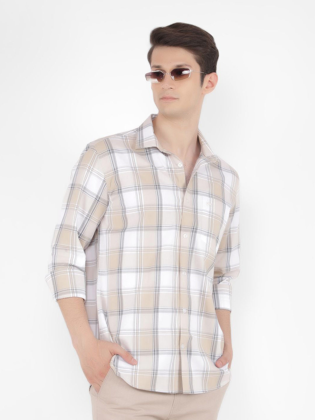

Crimsoune Club Men Classic Slim Fit Tartan Checks Opaque Checked Casual Shirt, Beige