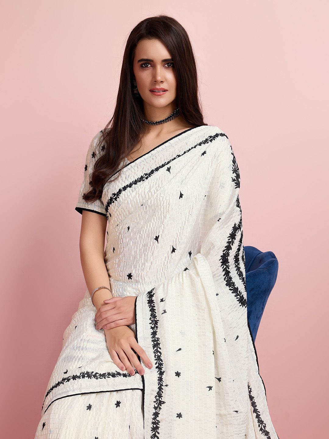 

Mitera Floral Sequinned Saree, White