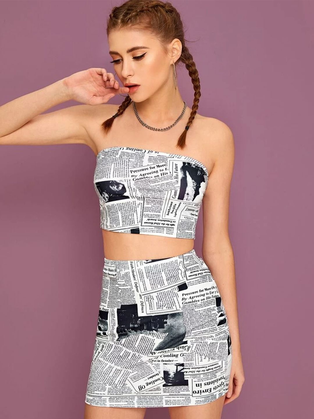 

TANDUL Women Printed Strapless Top and Skirts Set, White