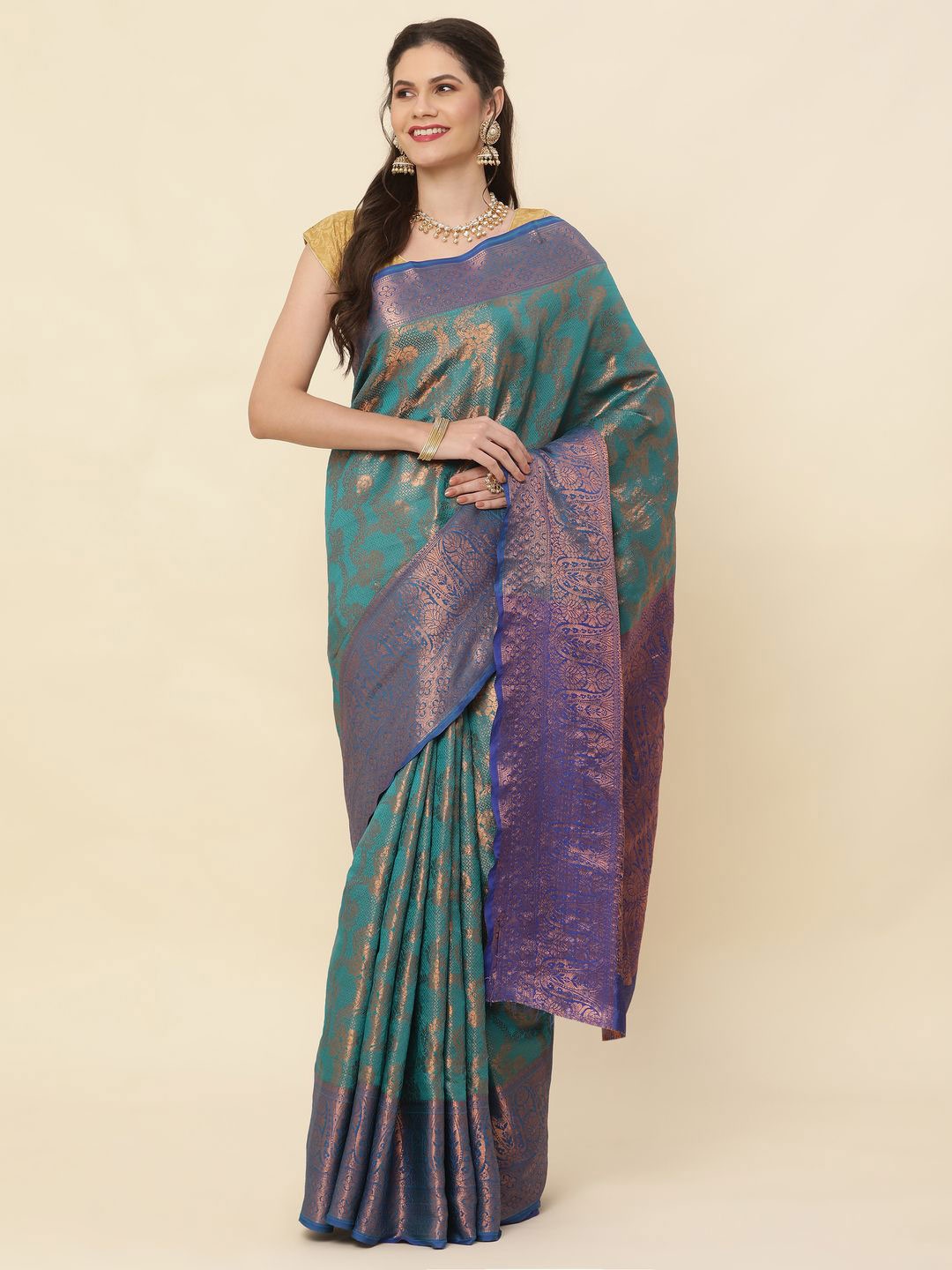 

High Five Tex Woven Design Zari Kanjeevaram Saree, Green