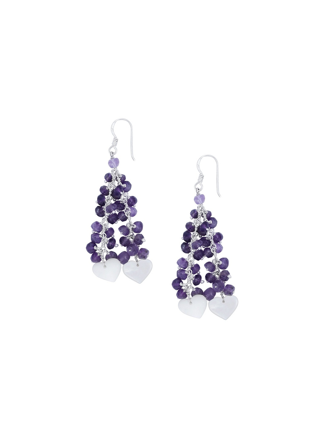 

Exotic India Amethyst Beads & Heart Shape Mother of Pearl Stone Sterling Silver Earrings, Purple