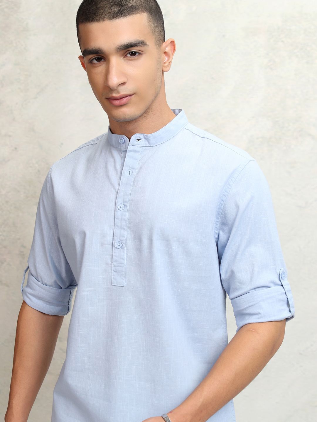 

HIGHLANDER Men Cotton Linen Solid Mandarin Collar Roll Up Sleeve Casual Shirt, Blue