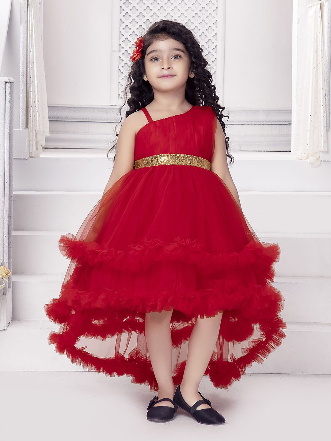 

Ministitch Girls Net Empire Tail cut Double Layered Dress, Red