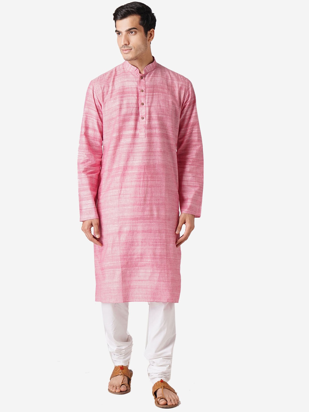 

ZOIS Men Striped Thread Work Kurta, Pink