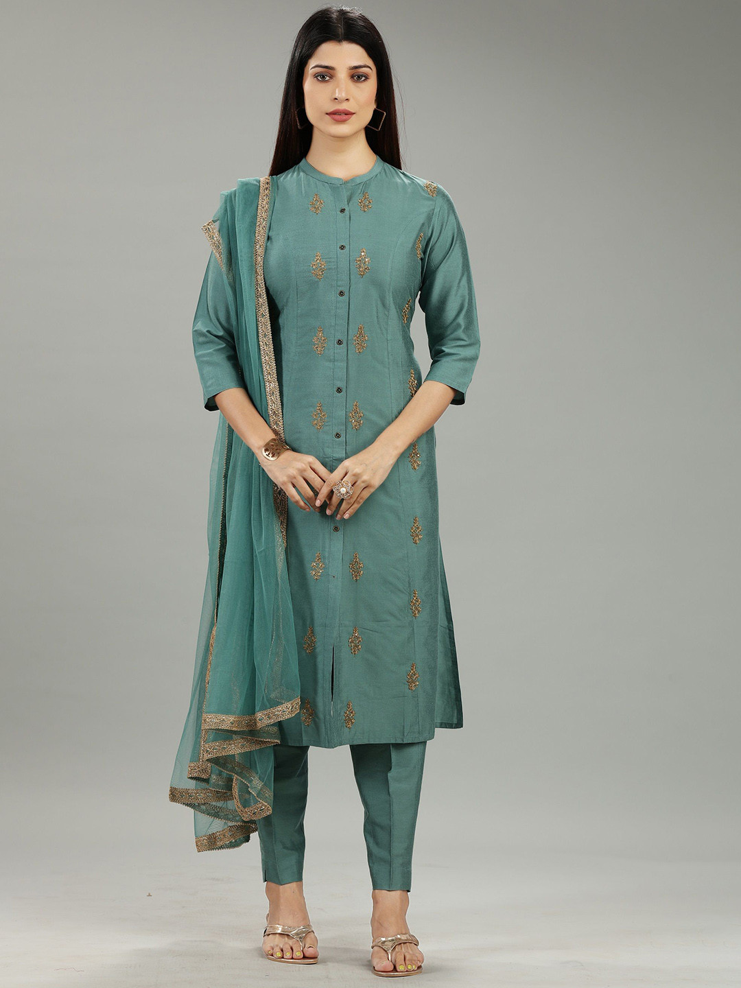 

COTTON CULTURE Women Floral Embroidered Regular Thread Work Pure Cotton Kurta with Churidar & With Dupatta, Green