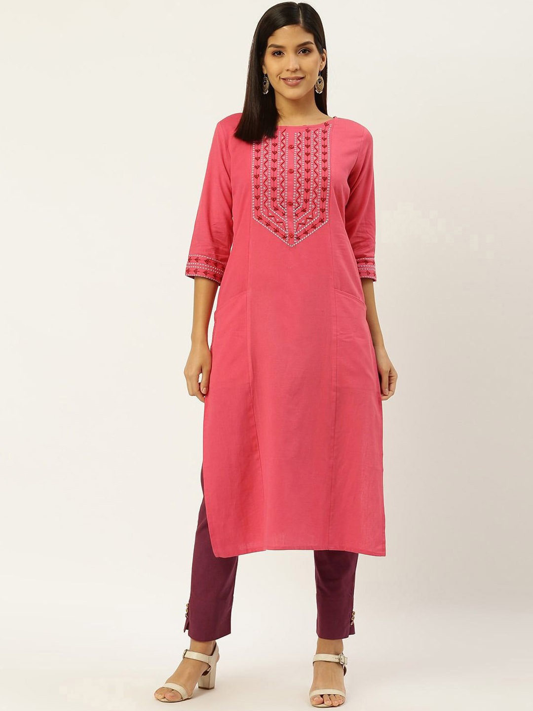 

Anouk Women Ethnic Motifs Embroidered Regular Thread Work Pure Cotton Kurta with Trousers, Burgundy