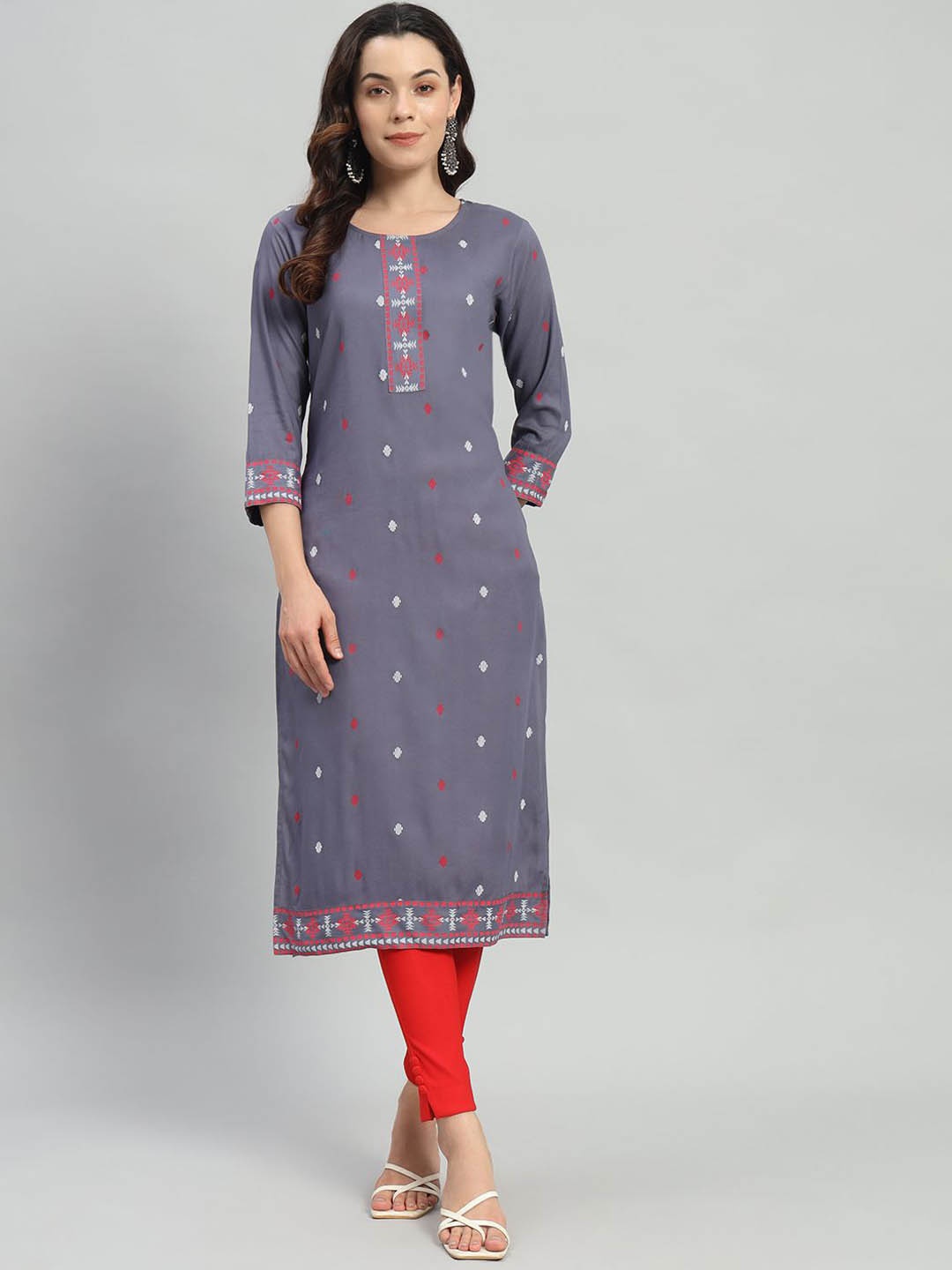 

KALINI Geometric Printed Round Neck Straight Kurta, Grey