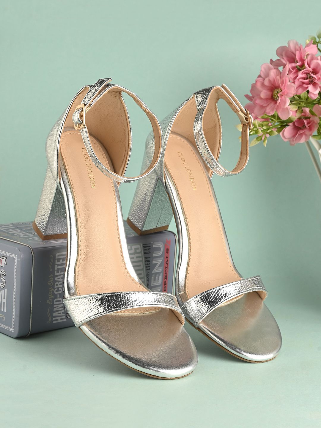 

CLOG LONDON Women Embellished Ankle Loops Block Sandals Heels, Silver