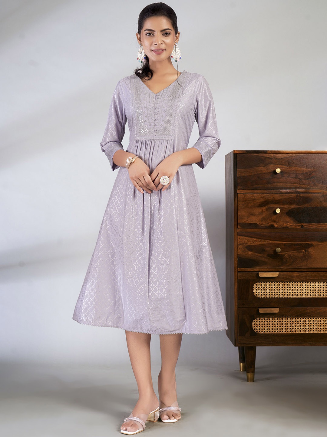 

IWUMAN Floral Embroidered V-Neck A-Line Midi Ethnic Dress, Lavender