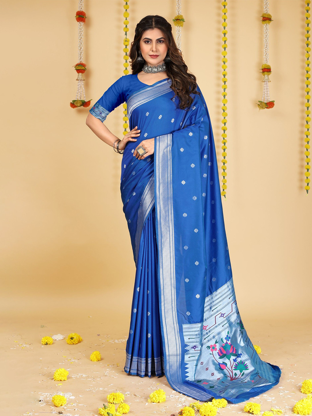 

LeeliPeeri Designer Paithani Silk Blend Woven Design Zari Traditional Celebrity Saree, Navy blue