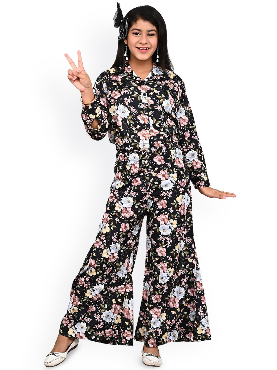 

FELLAMO Girls Floral Printed Shirt with Palazzos, Black