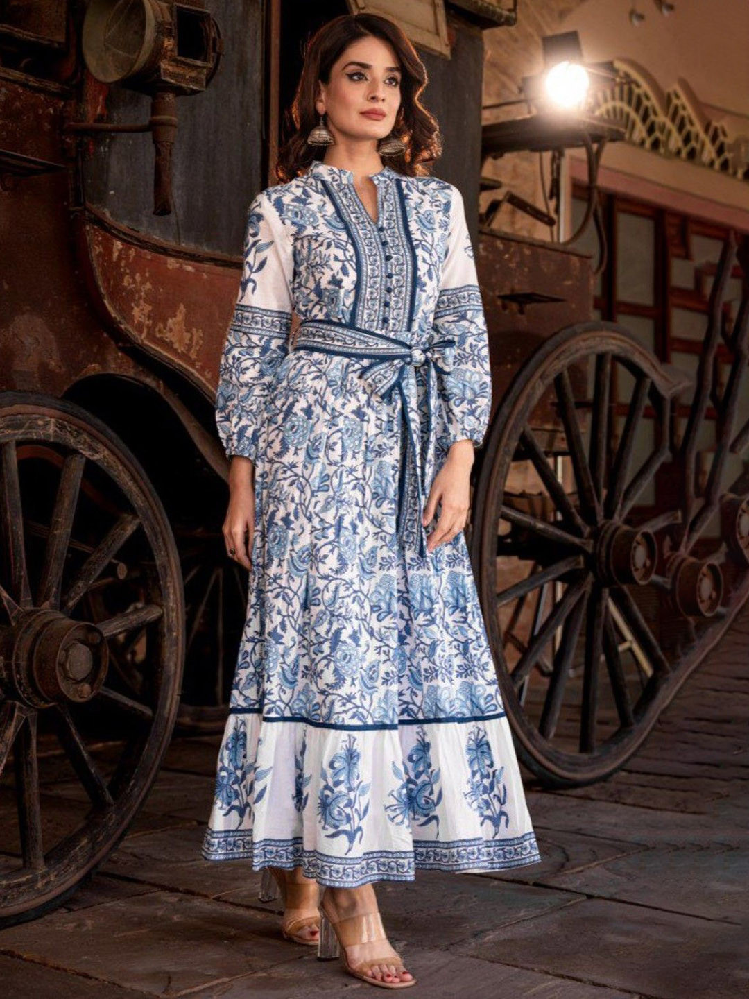 

AUTUMN LANE Ethnic Motifs Printed Puff Sleeve A-Line Cotton Maxi Ethnic Dress, Navy blue