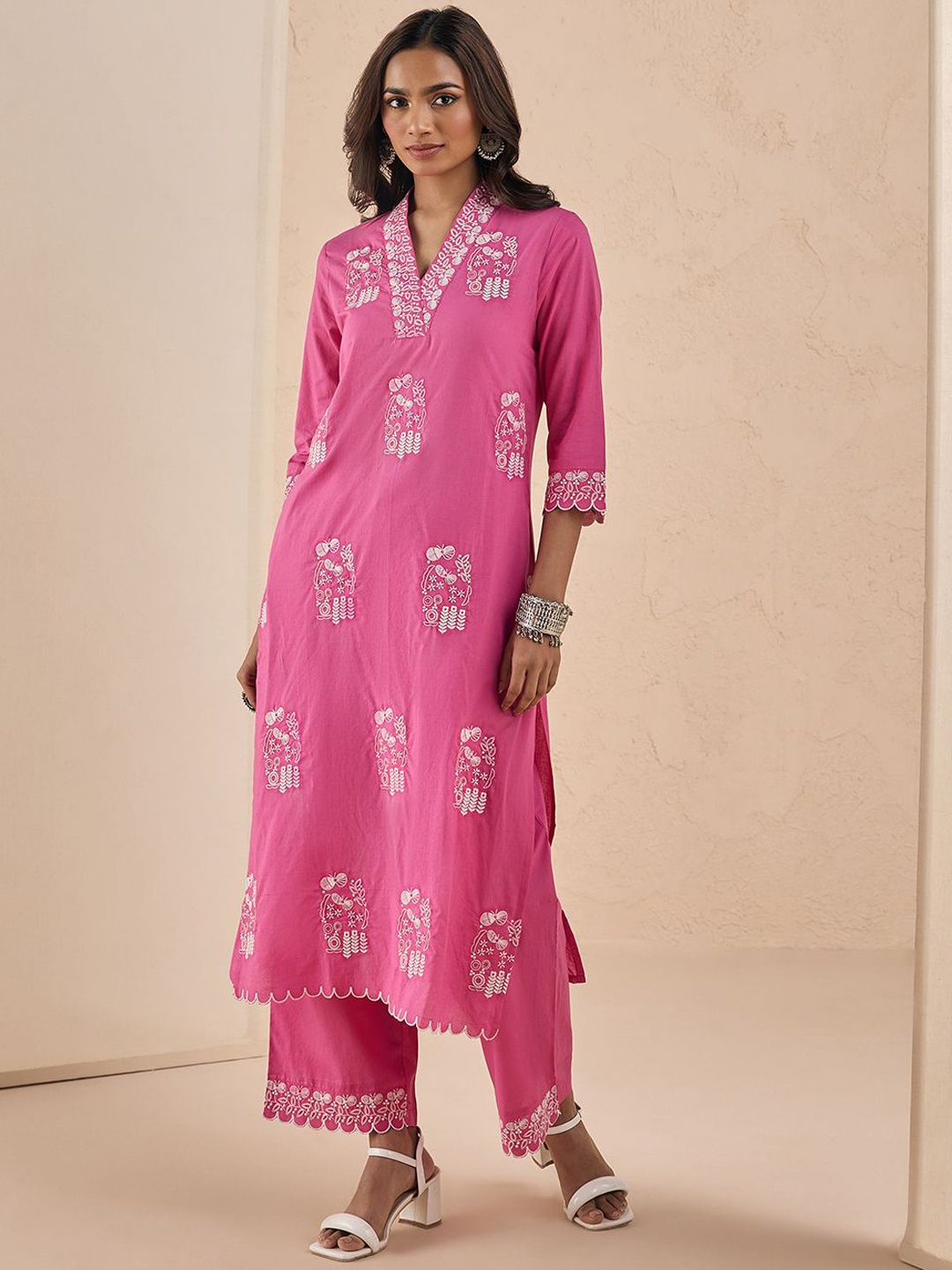 

Likha Women Ethnic Motifs Embroidered Regular Thread Work Pure Cotton Kurta with Palazzos, Pink