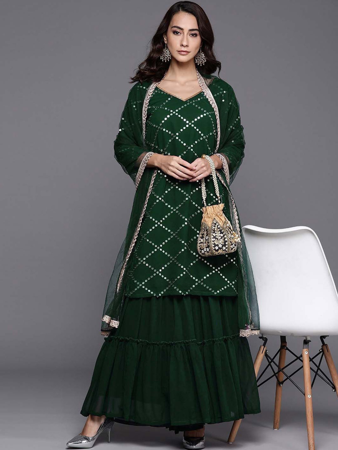 

KALINI Women Ethnic Motifs Embroidered Regular Mirror Work Kurta with Sharara & With Dupatta, Green