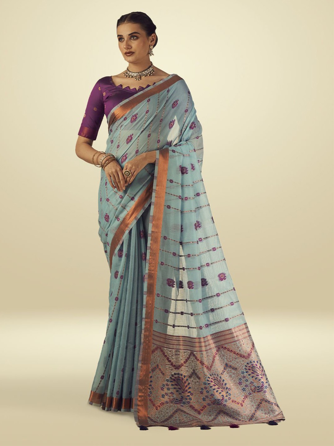 

Aura Striped Zari Woven Pure Cotton Saree, Blue