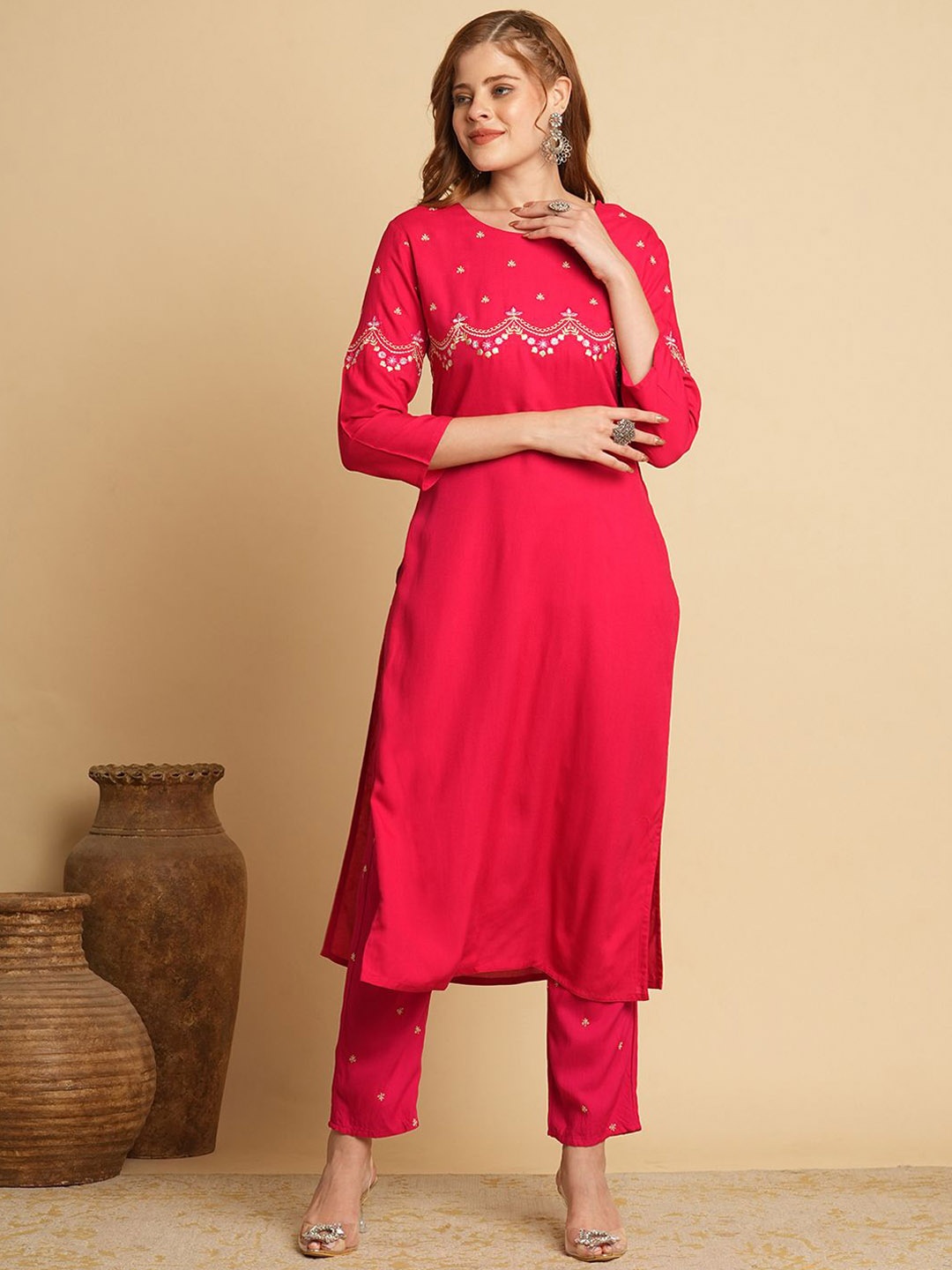 

FASHOR Embroidered Straight-Fit Top With Trouser Co-Ords, Pink