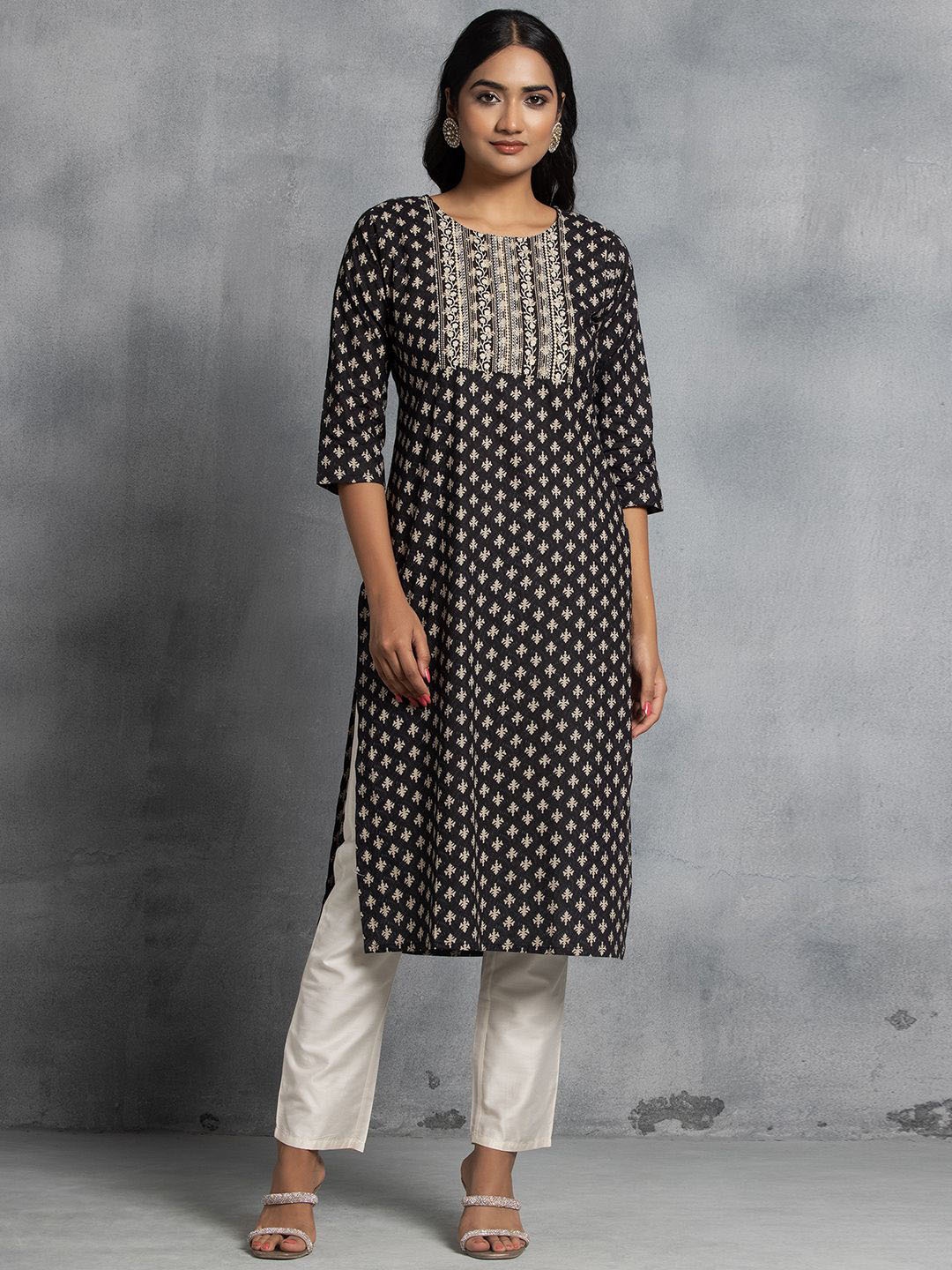 

Rang by Indya Ethnic Motifs Printed Thread Work Pure Cotton A-Line Kurta, Black