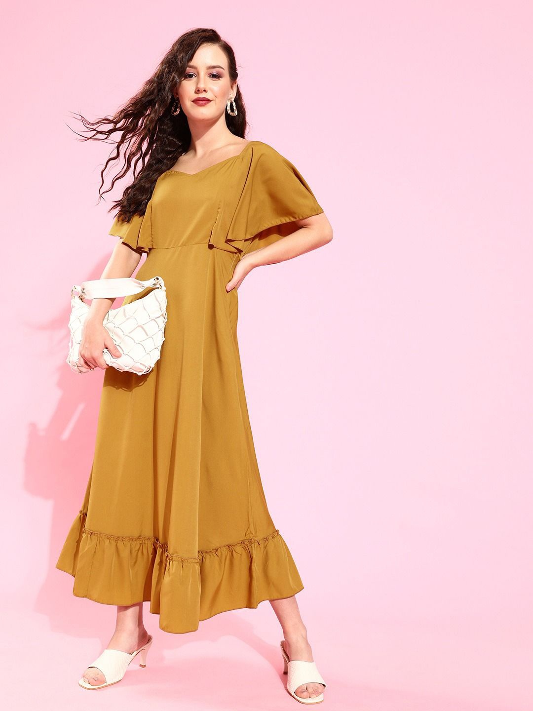 

U&F Women Flared Sleeve Crepe Maxi Dress, Mustard