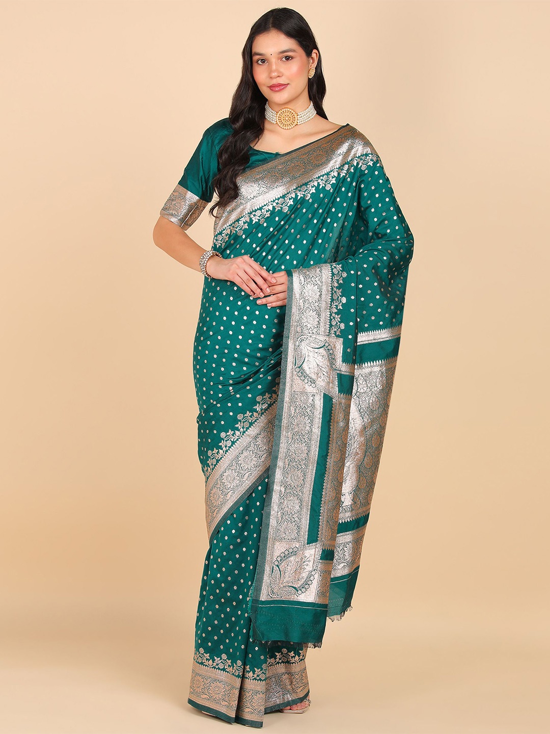 

LEAFFEB Woven Design Zari Pure Silk Banarasi Saree, Green
