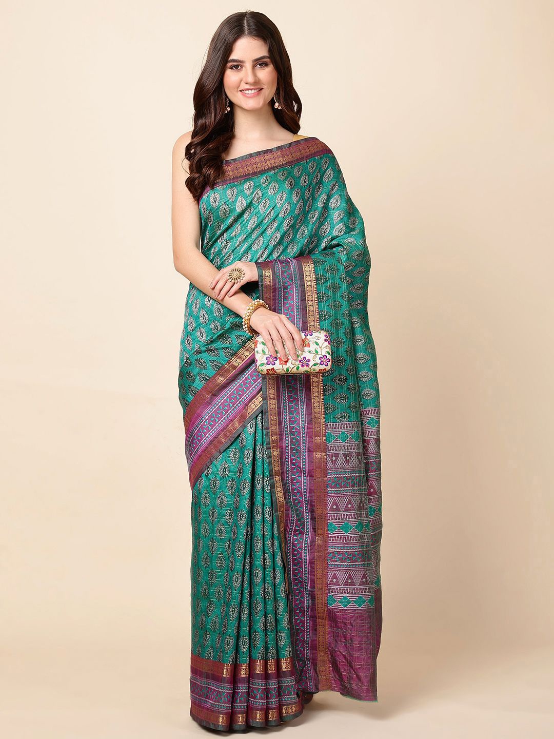 

Meena Bazaar Floral Zari Saree, Green