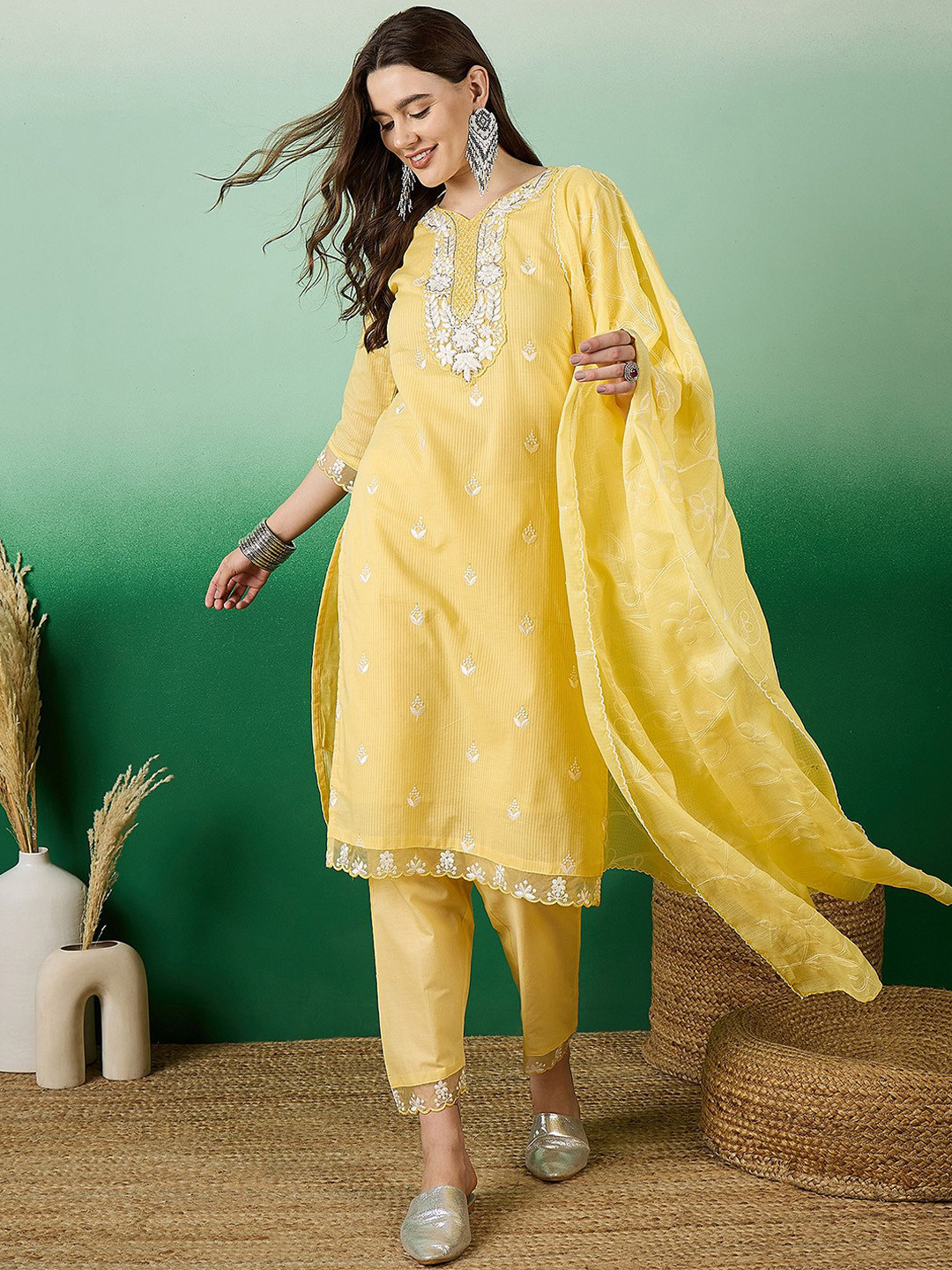 

all about you Ethnic Motifs Embroidered Pure Cotton Kurta with Trousers & Dupatta, Yellow