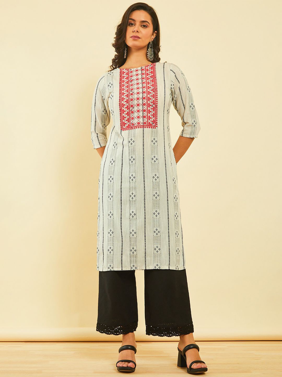

Soch Women Geometric Embroidered Flared Sleeves Mirror Work Kurta, Off white