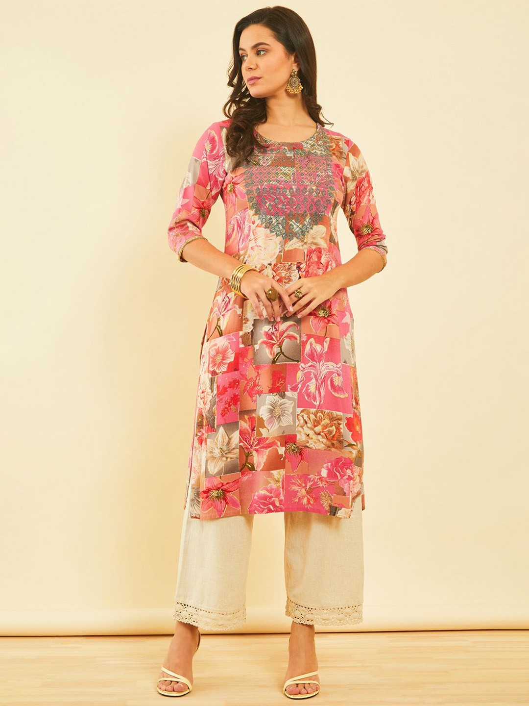 

Soch Women Printed Flared Sleeves Kurta, Pink
