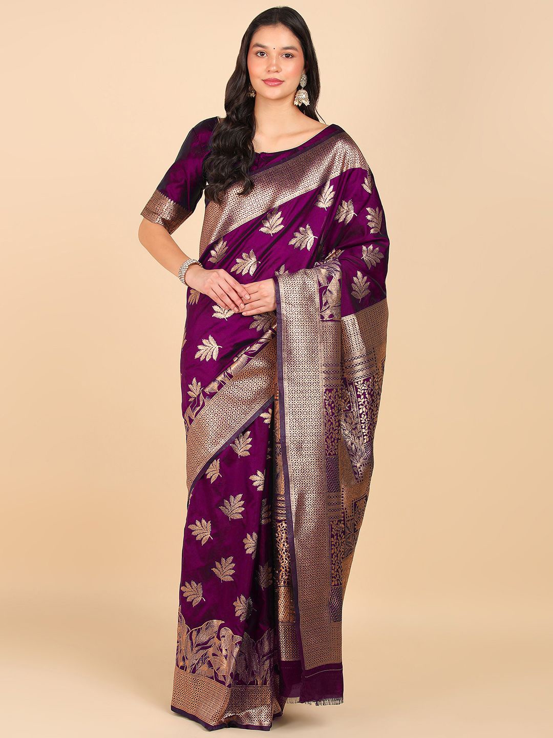 

LEAFFEB Banarasi Pure Silk Woven Design Zari Taaditional Saree, Magenta