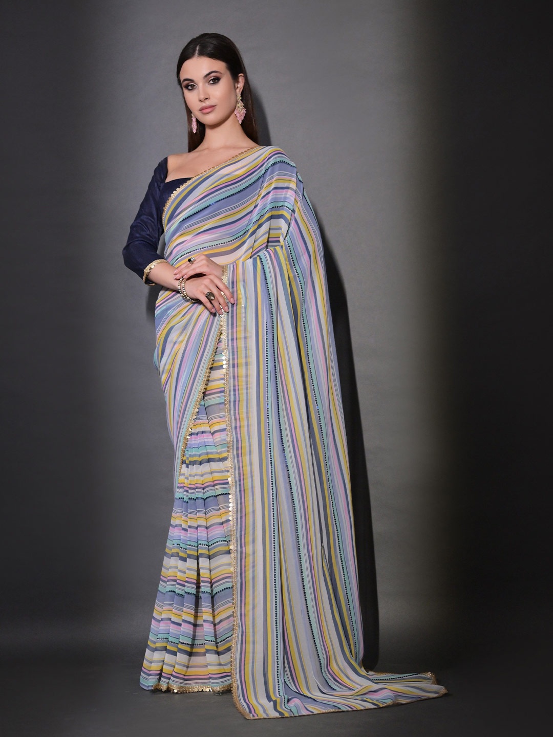 

Globon Impex Striped Sequinned Pure Georgette Saree, Blue