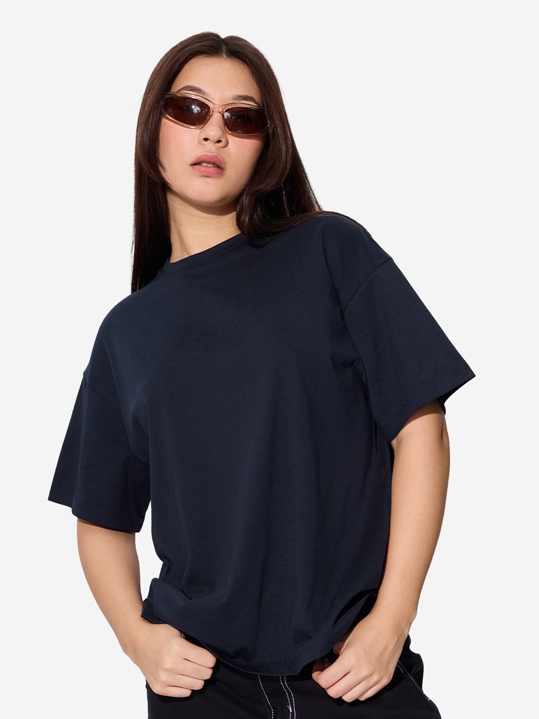 

The Souled Store Women Solid Regular Sleeves T-shirt, Navy blue