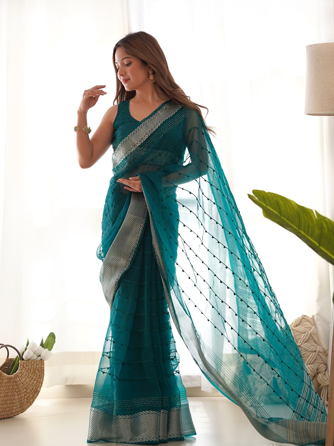 

KALINI Striped Sequinned Organza Khadi Saree, Teal