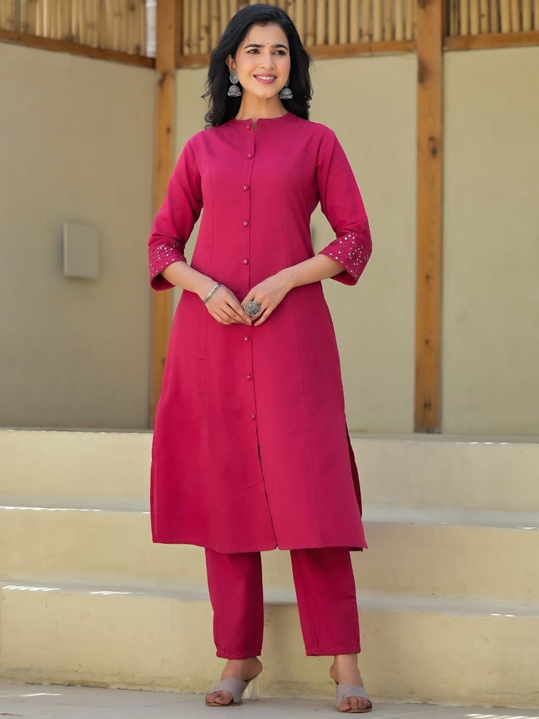 

KALINI Women Panelled Mirror Work Pure Cotton Kurta with Trousers, Pink