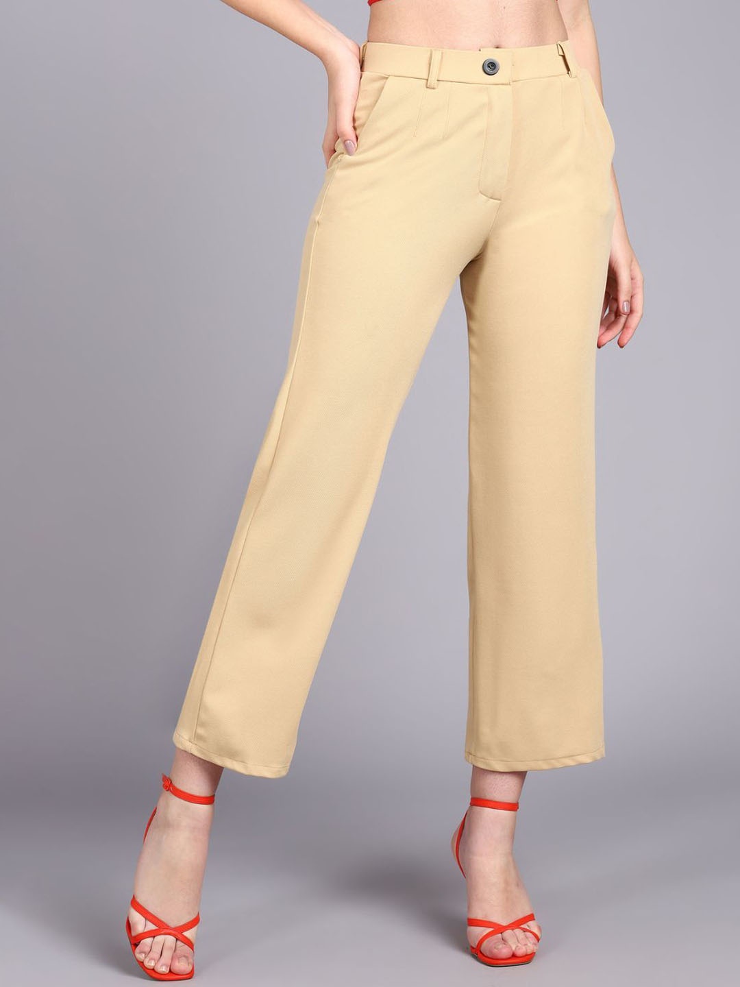 

BAESD Women Relaxed Straight Leg Straight Fit High-Rise Cotton Twill Trousers, Beige