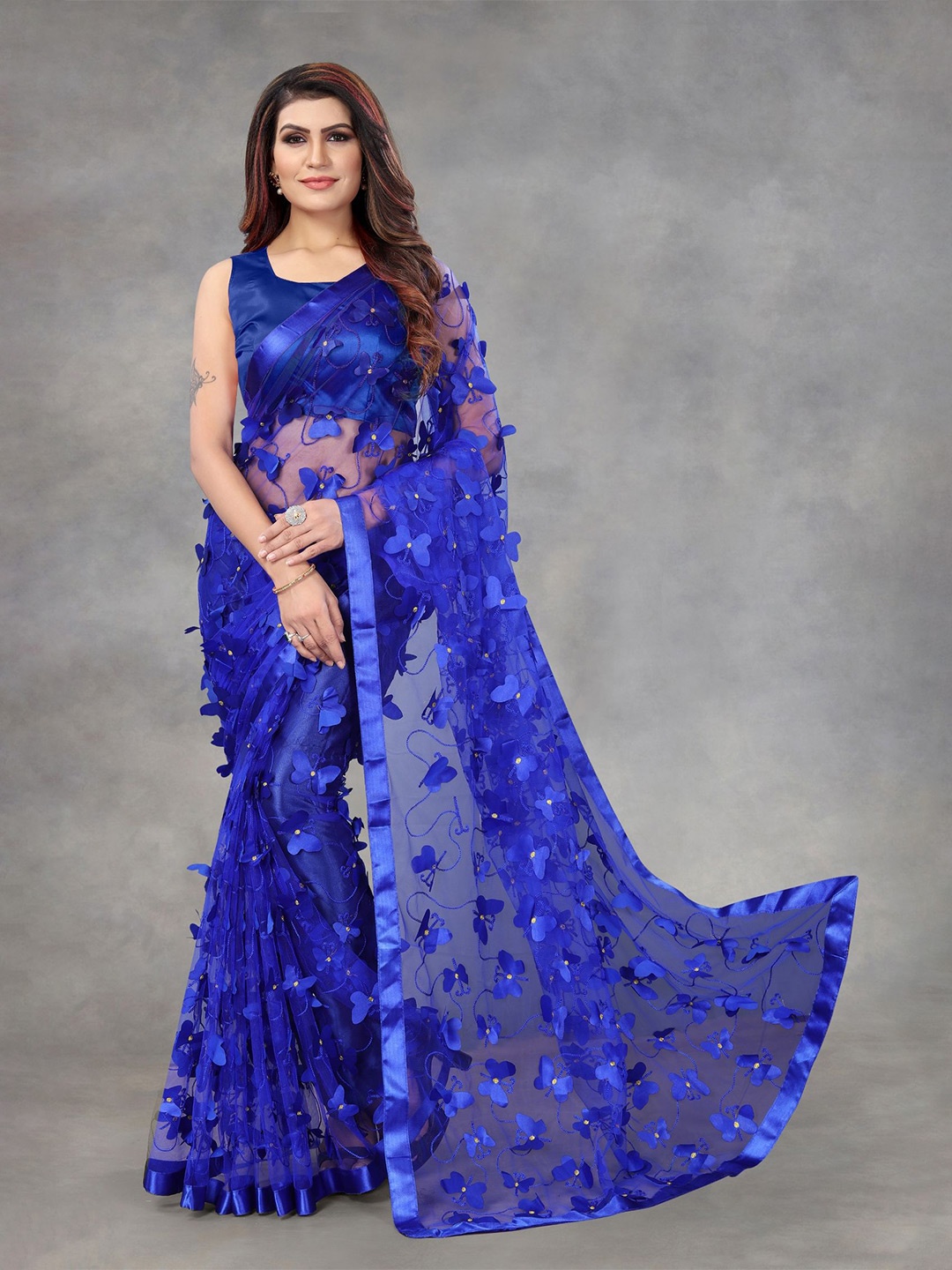 

LADY SHOPI Embellished Embroidered Beads and Stones Net Saree, Blue