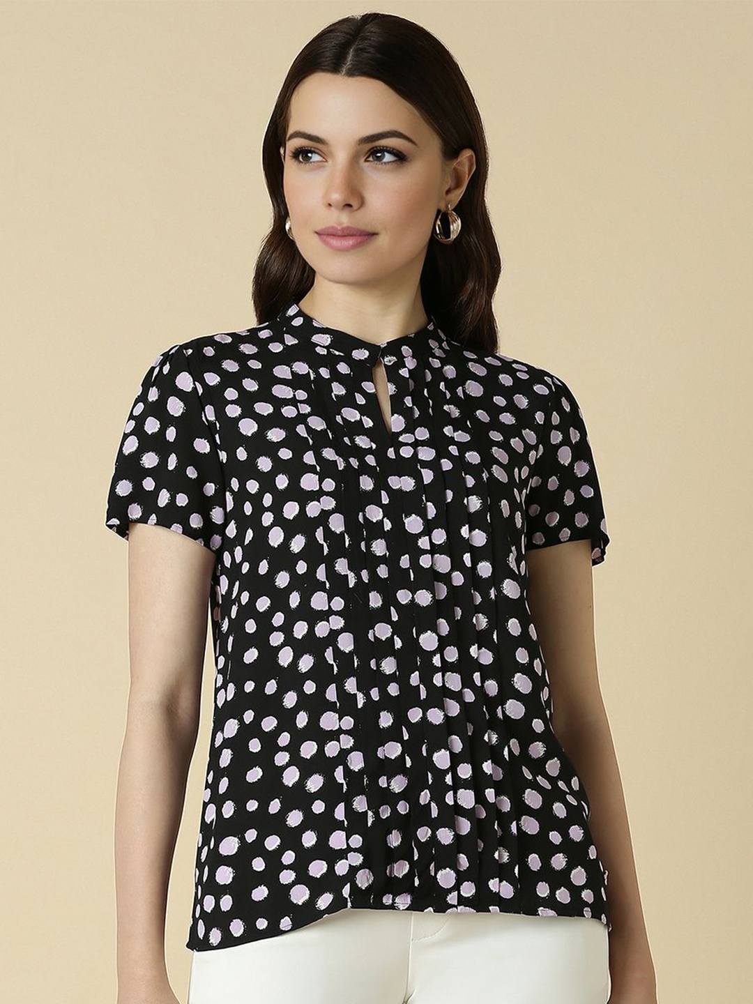 

Allen Solly Woman Polka Dot Print Tie-Up Neck Top, Black