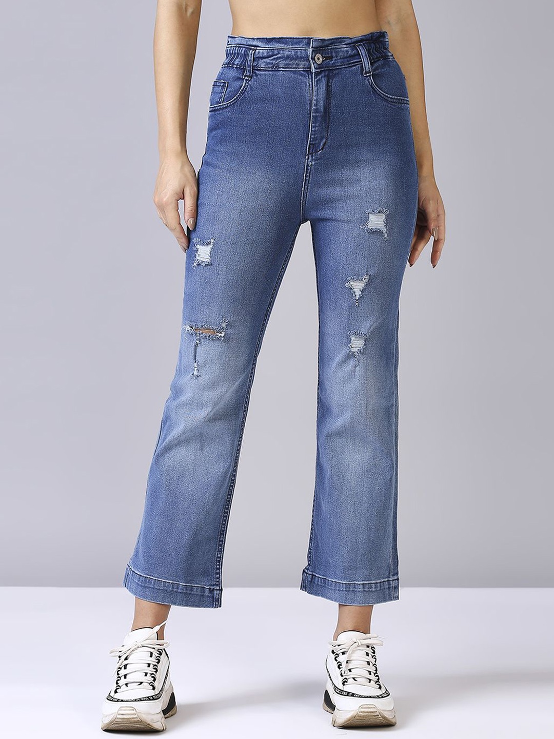 

Blum Denim Women Straight Fit High-Rise Mildly Distressed Heavy Fade Stretchable Jeans, Blue