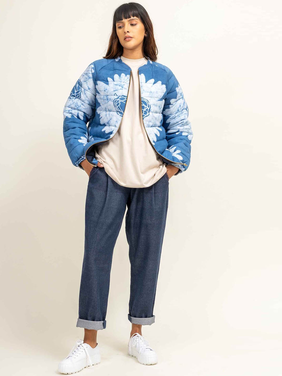 

Doodlage Women Cotton Crop Bomber with Patchwork Jacket, Blue