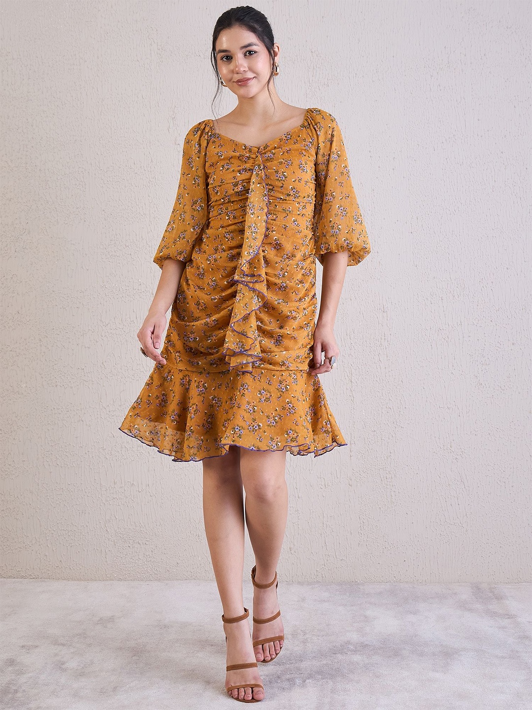 

Antheaa Women Floral Print Puff Sleeves Drop-Waist Dress, Mustard