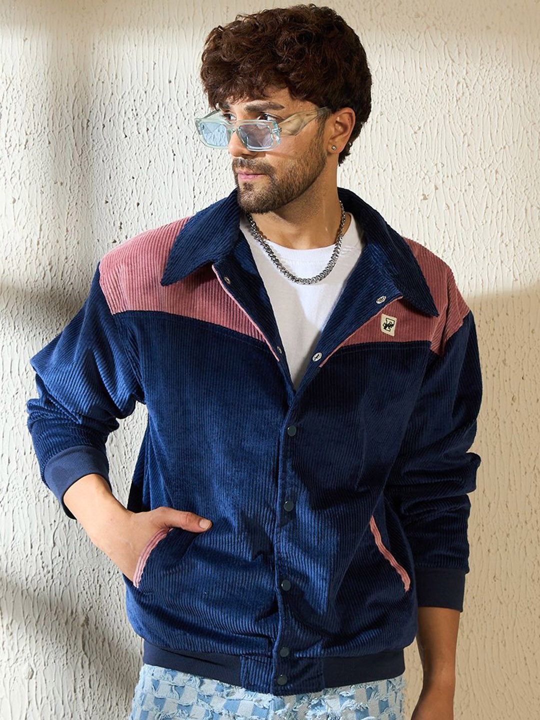 

FUGAZEE Men Washed Colourblocked Corduroy Biker Jacket, Blue