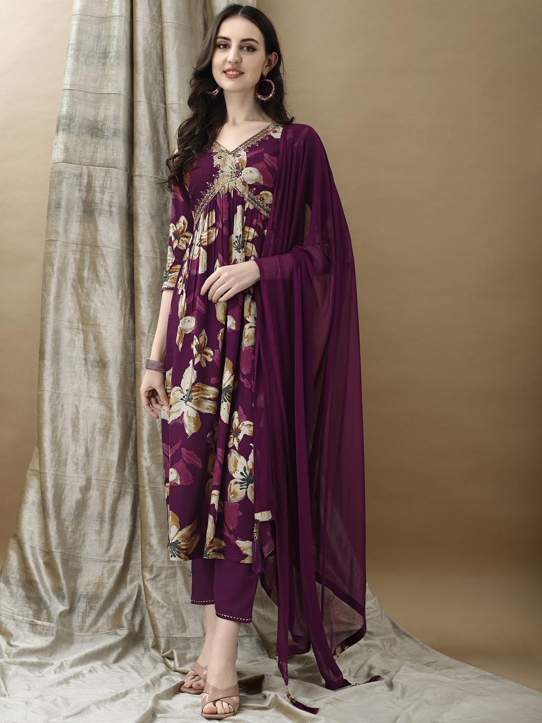 

KALINI Women Floral Embroidered Pleated Sequinned Kurta with Trousers & With Dupatta, Magenta