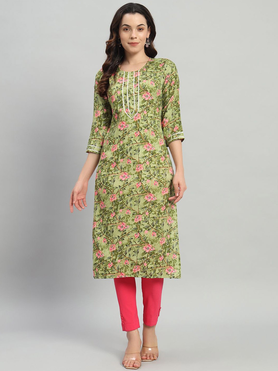 

KALINI Women Floral Printed Keyhole Neck Flared Sleeves Sequinned Floral Kurta, Green